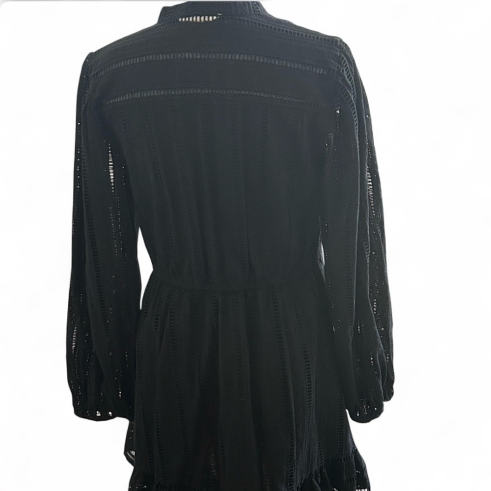 Black Eyelet Tie-Waist Long Sleeve Mini Dress - Picture 2 of 7